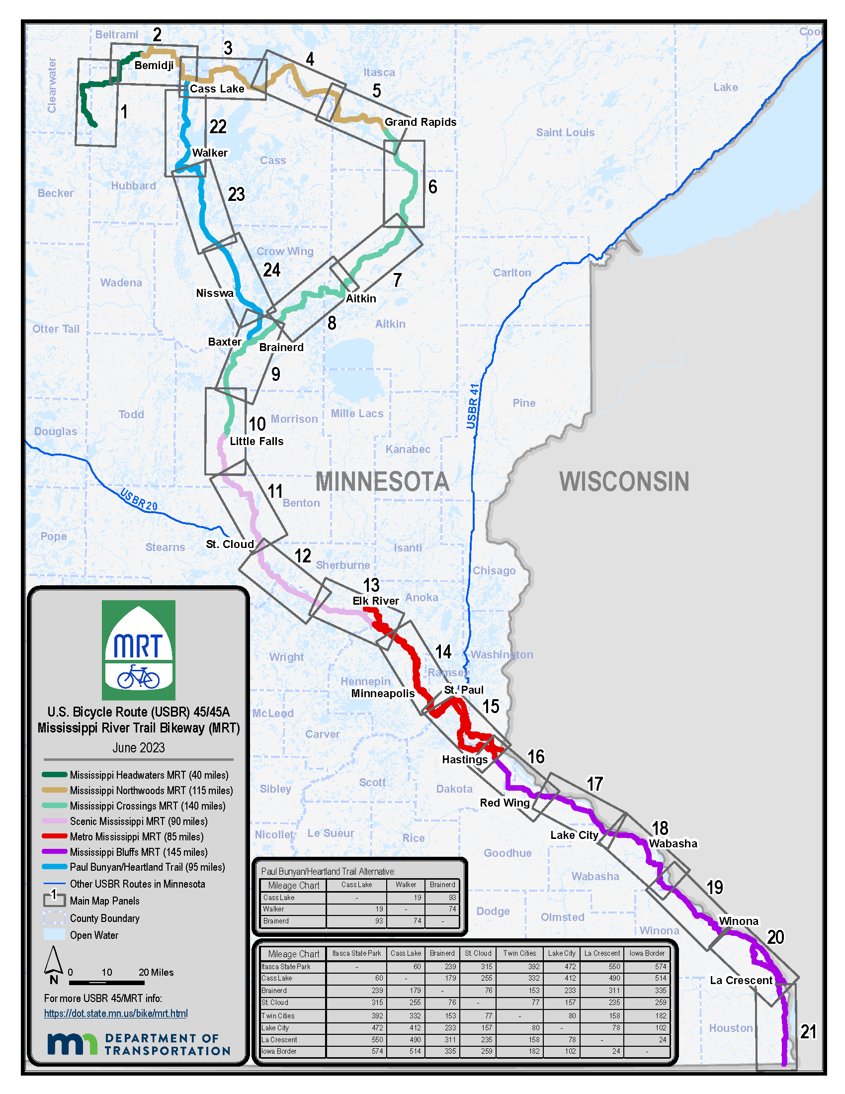 Map of the Mississippi River Trail/US Bicycle Route 45 and 45A from Itasca State Park to Iowa border along the Mississippi River.